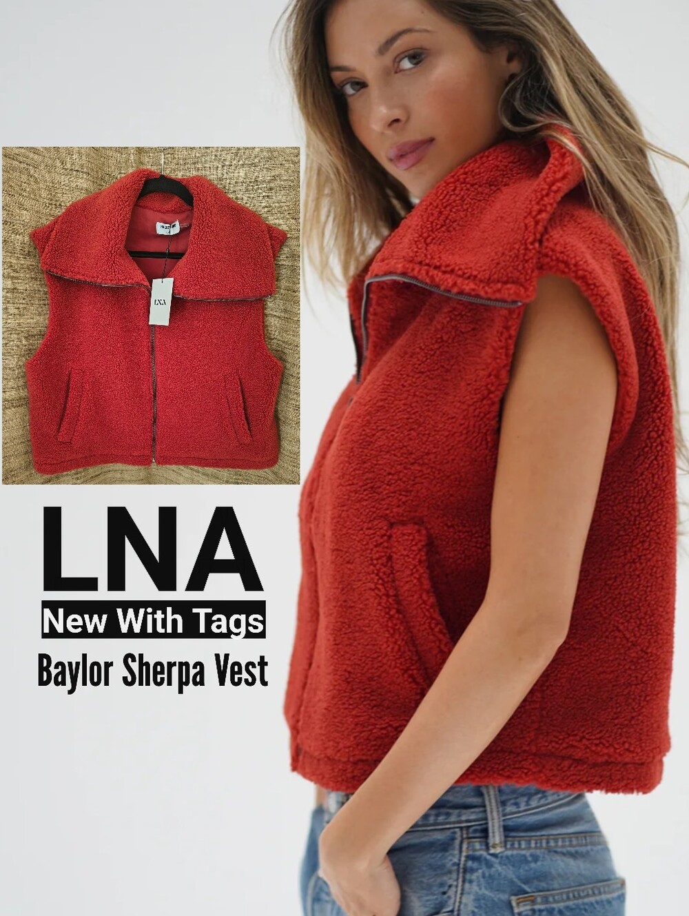 LNA Baylor Sherpa Vest Women's Large Cayenne NWT